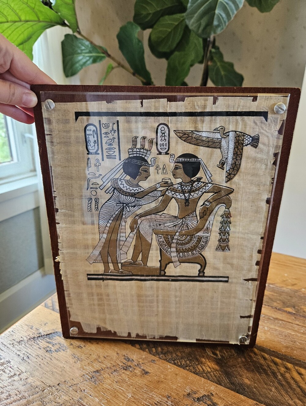 Hand-Painted Egyptian Papyrus Replica From Temple walls, inside Wood Frame